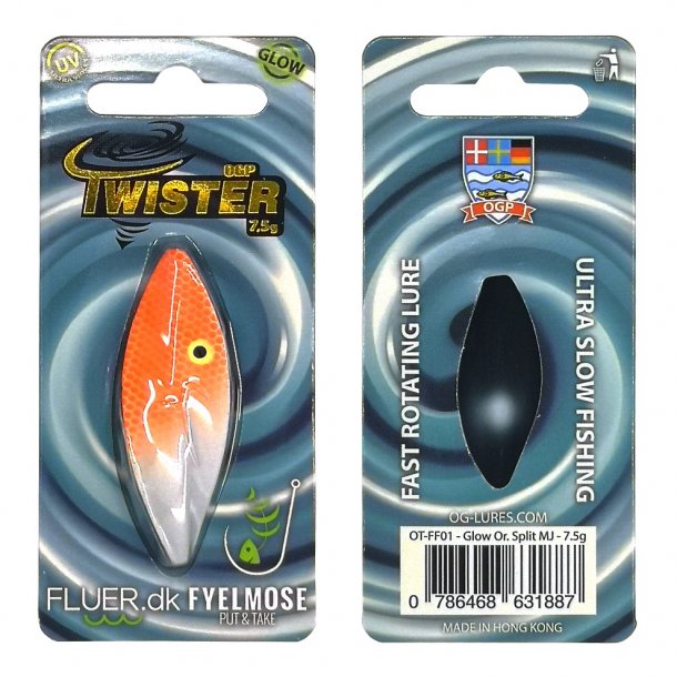 OGP Twister 7,5g FLUER.DK CUSTOM FARVER Glow Or. Split MJ